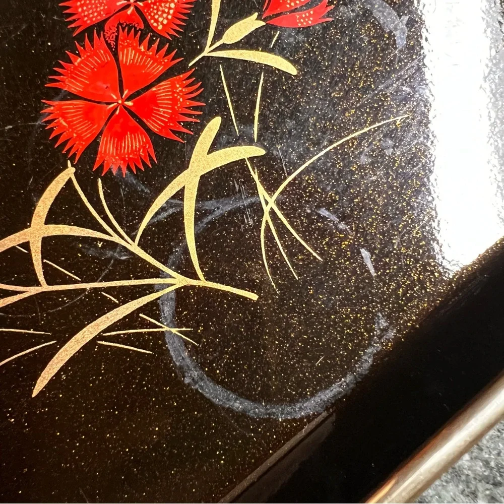 Toyo Black Plastic Tray w/ Red Flower Graphics Gold Trim Asian Faux Lacquerware